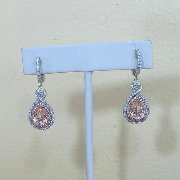 Diamonique Sterling Earrings Simulated Morganite Dangle Drop Silver - Picture 4 of 11